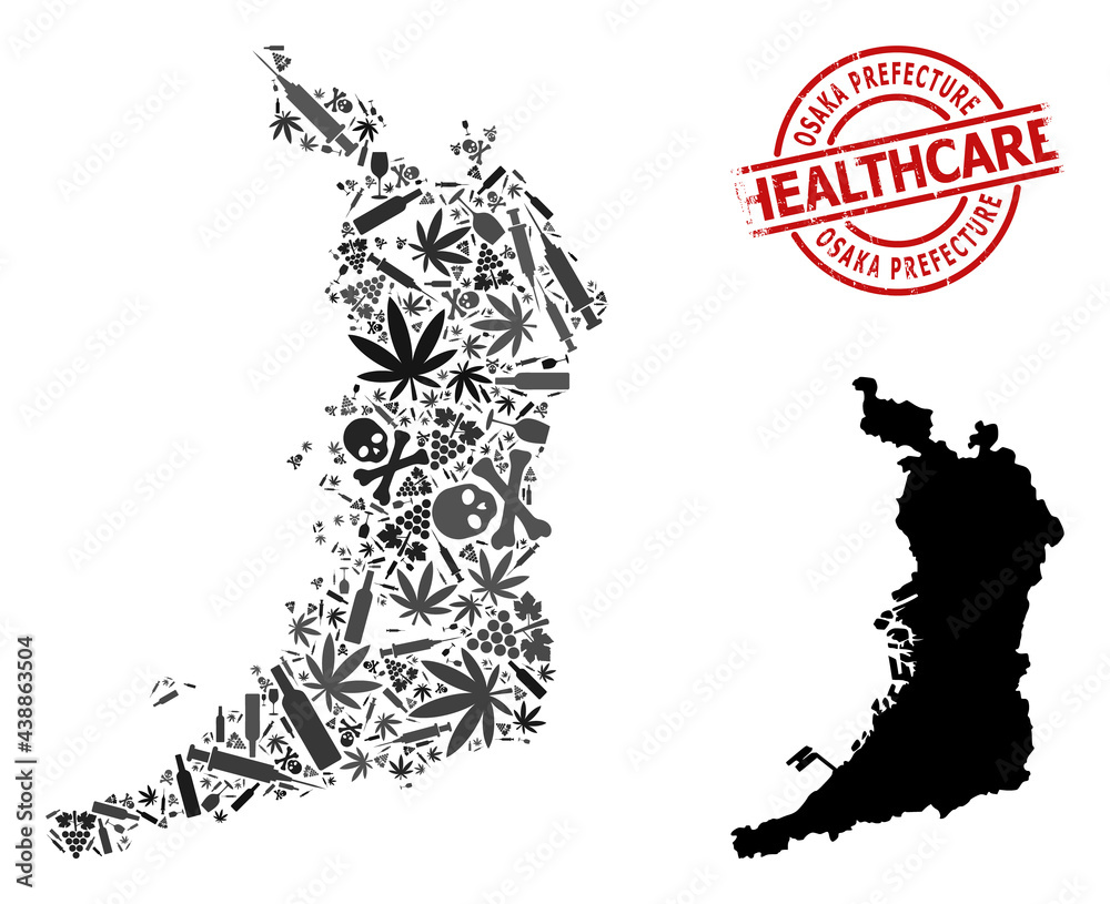 Vector drugs collage map of Osaka Prefecture. Rubber healthcare round red imprint. Template for narcotic addiction and drugs applications. Map of Osaka Prefecture is created of inoculation needles,