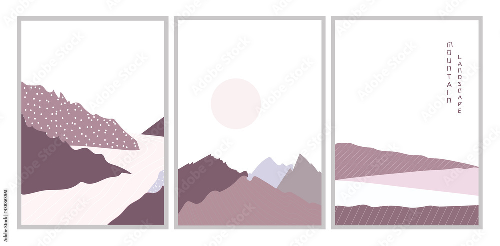 Set of vector illustrations of posters of mountain landscapes with a river in the Scandinavian style. Geometric landscape background in asian japanese style. Abstract symbol for print, poster, sticker