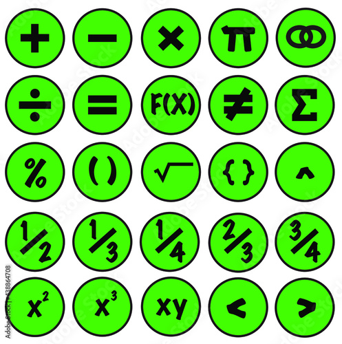 Math vector icon set green circles for algebra and geometry education concepts. 