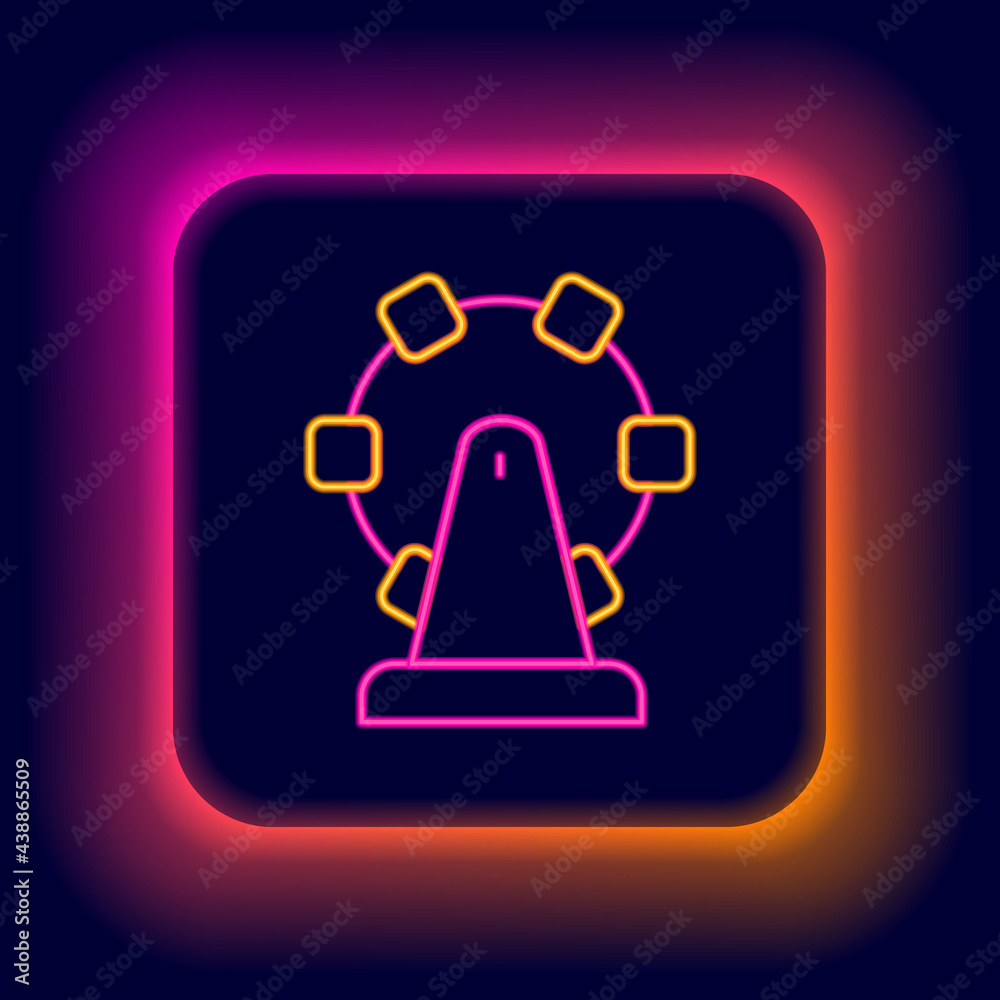 Glowing neon line Ferris wheel icon isolated on black background. Amusement park. Childrens entertainment playground, recreation park. Colorful outline concept. Vector Glowing neon line Ferris wheel icon isolated on black background. Amusement park. Childrens entertainment playground, recreation park. Colorful outline concept. Vector