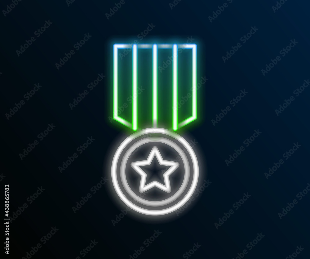 Glowing neon line Medal with star icon isolated on black background. Winner achievement sign. Award medal. Colorful outline concept. Vector Glowing neon line Medal with star icon isolated on black background. Winner achievement sign. Award medal. Colorful outline concept. Vector