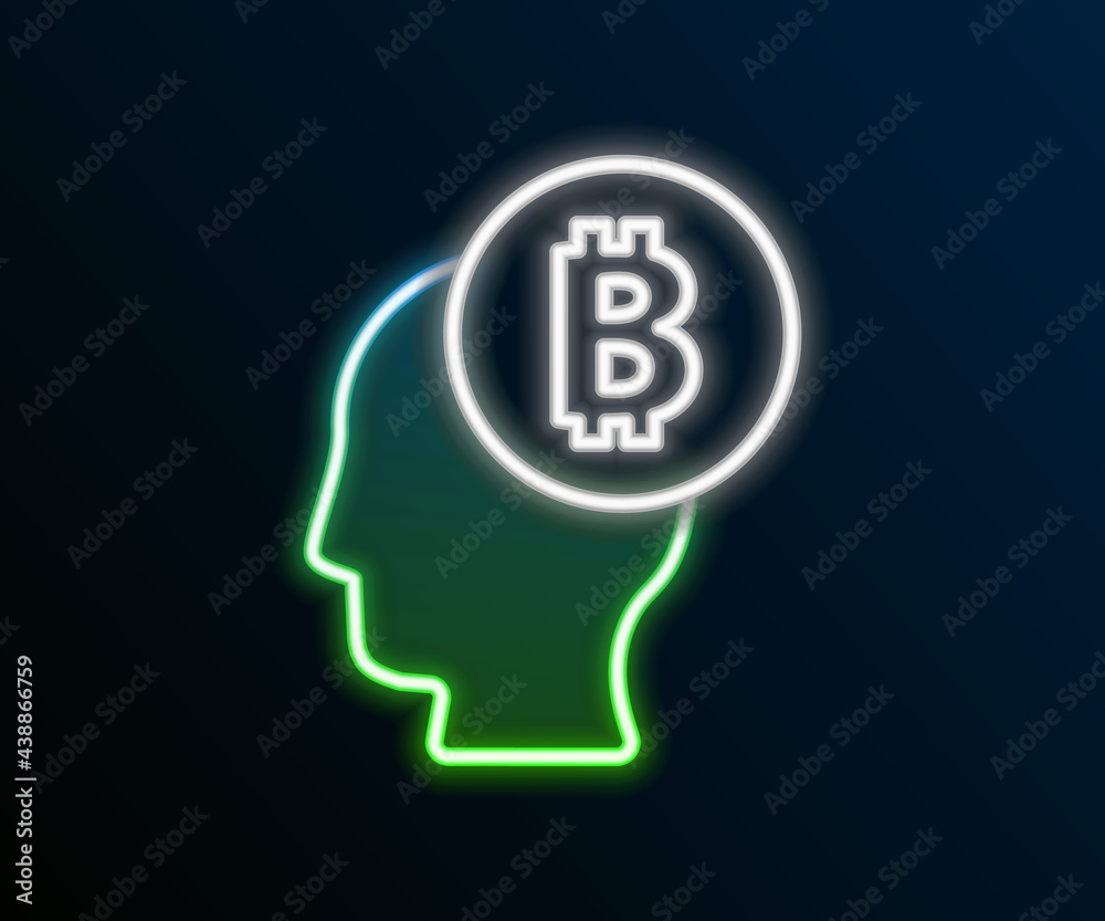 Glowing neon line Bitcoin think icon isolated on black background. Cryptocurrency head. Blockchain technology, digital money market, cryptocoin wallet. Colorful outline concept. Vector Glowing neon line Bitcoin think icon isolated on black background. Cryptocurrency head. Blockchain technology, digital money market, cryptocoin wallet. Colorful outline concept. Vector