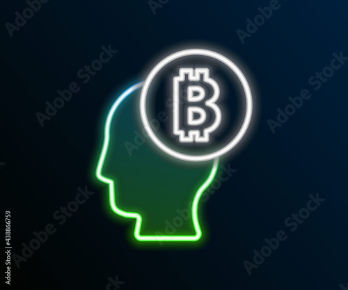 Glowing neon line Bitcoin think icon isolated on black background. Cryptocurrency head. Blockchain technology, digital money market, cryptocoin wallet. Colorful outline concept. Vector