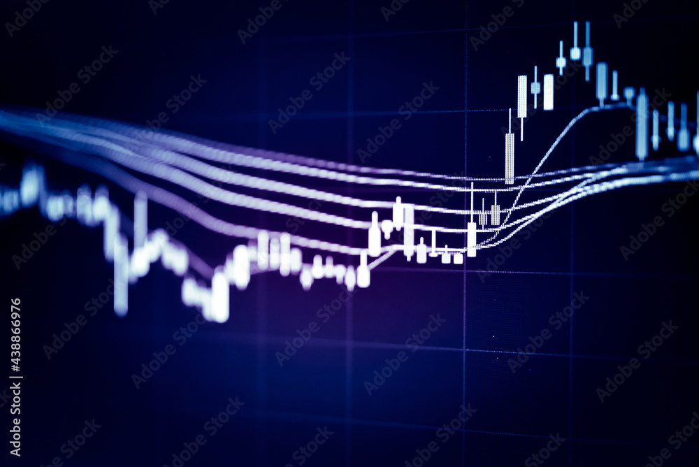 Stock market data on digital LED display. A daily market price and quotation of prices chart and candle stick tracking for Forex trading. Financial data on the digital screen as concept.