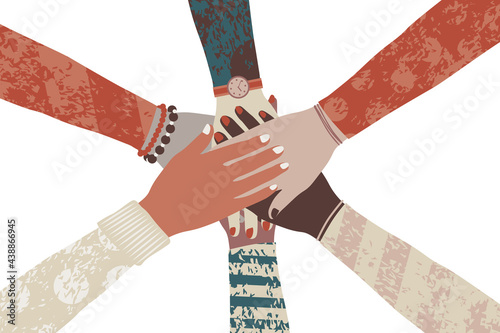 Diverse people putting hands together. Community, support, partnership, teamwork, social movement, friendship and cooperation concept. Flat vector illustration. 