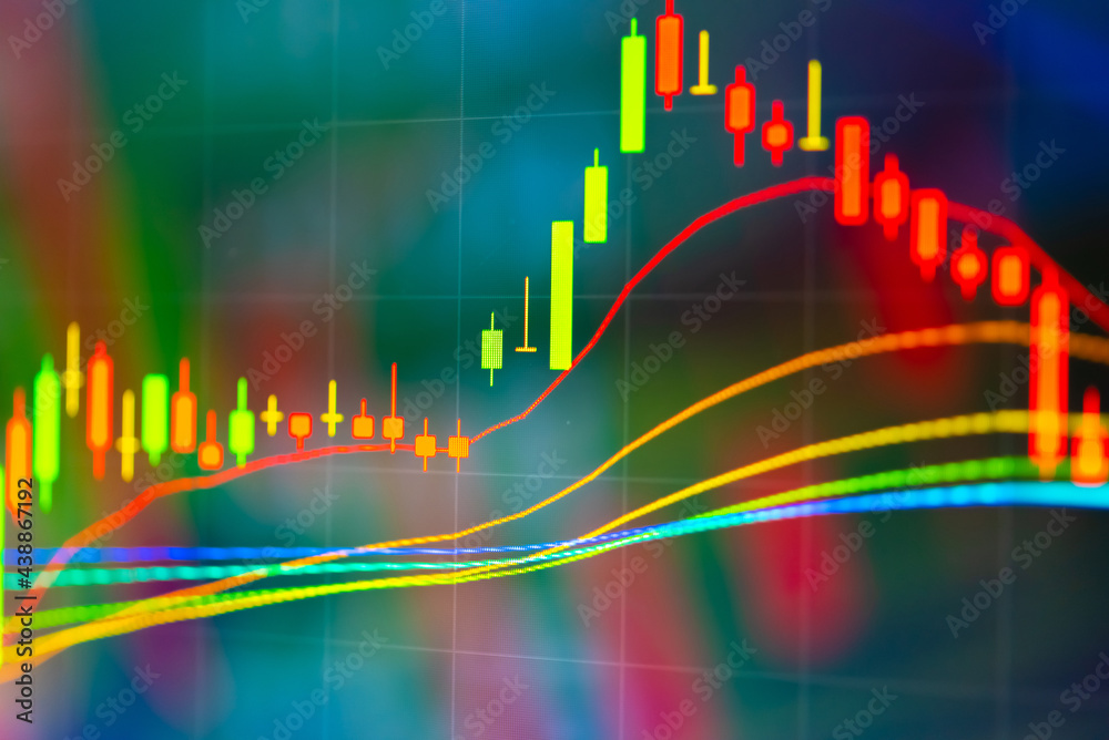 Fototapeta premium Stock market data on digital LED display. A daily market price and quotation of prices chart and candle stick tracking for Forex trading. Financial data on the digital screen as concept.