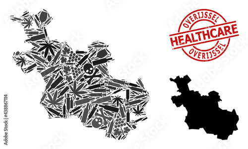 Vector narcotic mosaic map of Overijssel Province. Scratched healthcare round red watermark. Concept for narcotic addiction and healthcare agitprop. photo