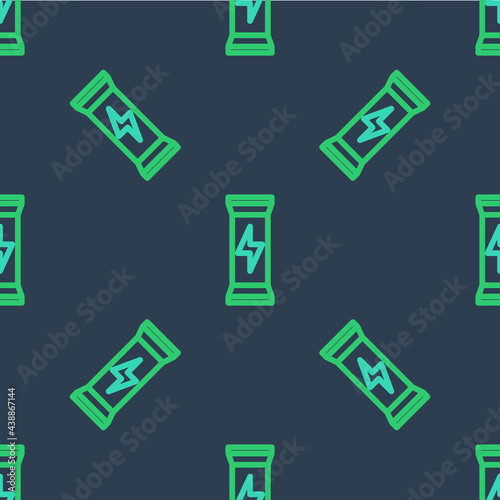 Line Sports nutrition bodybuilding proteine power drink and food icon isolated seamless pattern on blue background. Vector