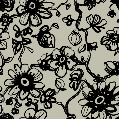 Black daisies, dahlias flower seamless pattern on khaki background. Daisy field. Ditsy floral pattern print. Vector floral illustration. Wild flowering texture.