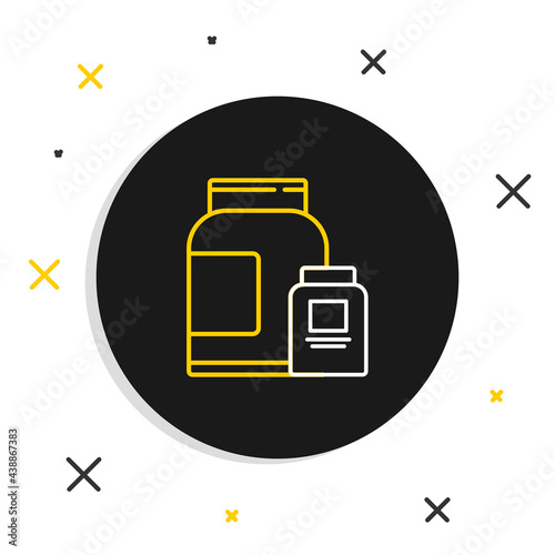 Line Sports nutrition bodybuilding proteine power drink and food icon isolated on white background. Colorful outline concept. Vector