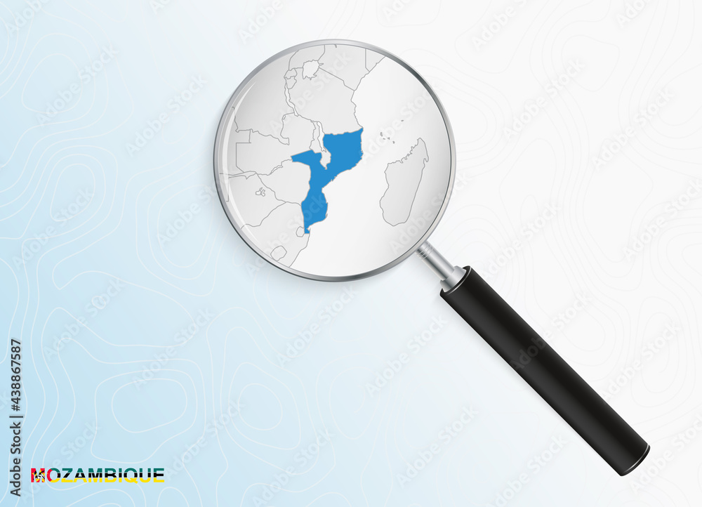Magnifier with map of Mozambique on abstract topographic background.