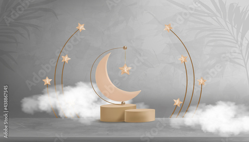 Eid al Adha Mubarak greeting design with Crescent Moon and Star hanging on 3D podium on grey cement background.Vector Backdrop of Religion of Muslim Symbolic for Eid al fitr, Ramadan Kareem