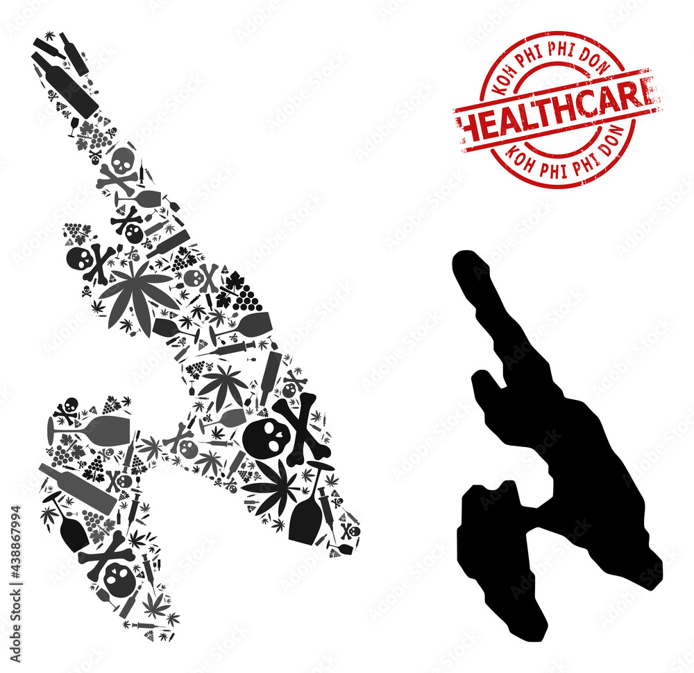 Vector addiction collage map of Koh Phi Don. Rubber healthcare round red rubber imitation. Concept for narcotic addiction and medical agitprop. Vector addiction collage map of Koh Phi Don. Rubber healthcare round red rubber imitation. Concept for narcotic addiction and medical agitprop.