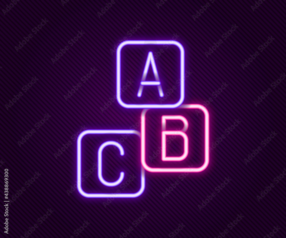 Glowing neon line ABC blocks icon isolated on black background. Alphabet cubes with letters A,B,C. Colorful outline concept. Vector Glowing neon line ABC blocks icon isolated on black background. Alphabet cubes with letters A,B,C. Colorful outline concept. Vector