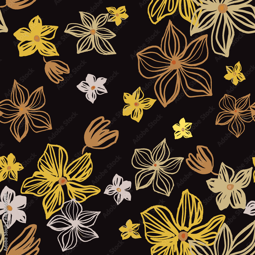 vector seamless pattern with drawing yellow, gold, silver flowers. Floral watercolor background and line art hand drawn illustration. Exotic flowering autumn texture print vector seamless pattern with drawing yellow, gold, silver flowers. Floral watercolor background and line art hand drawn illustration. Exotic flowering autumn texture print