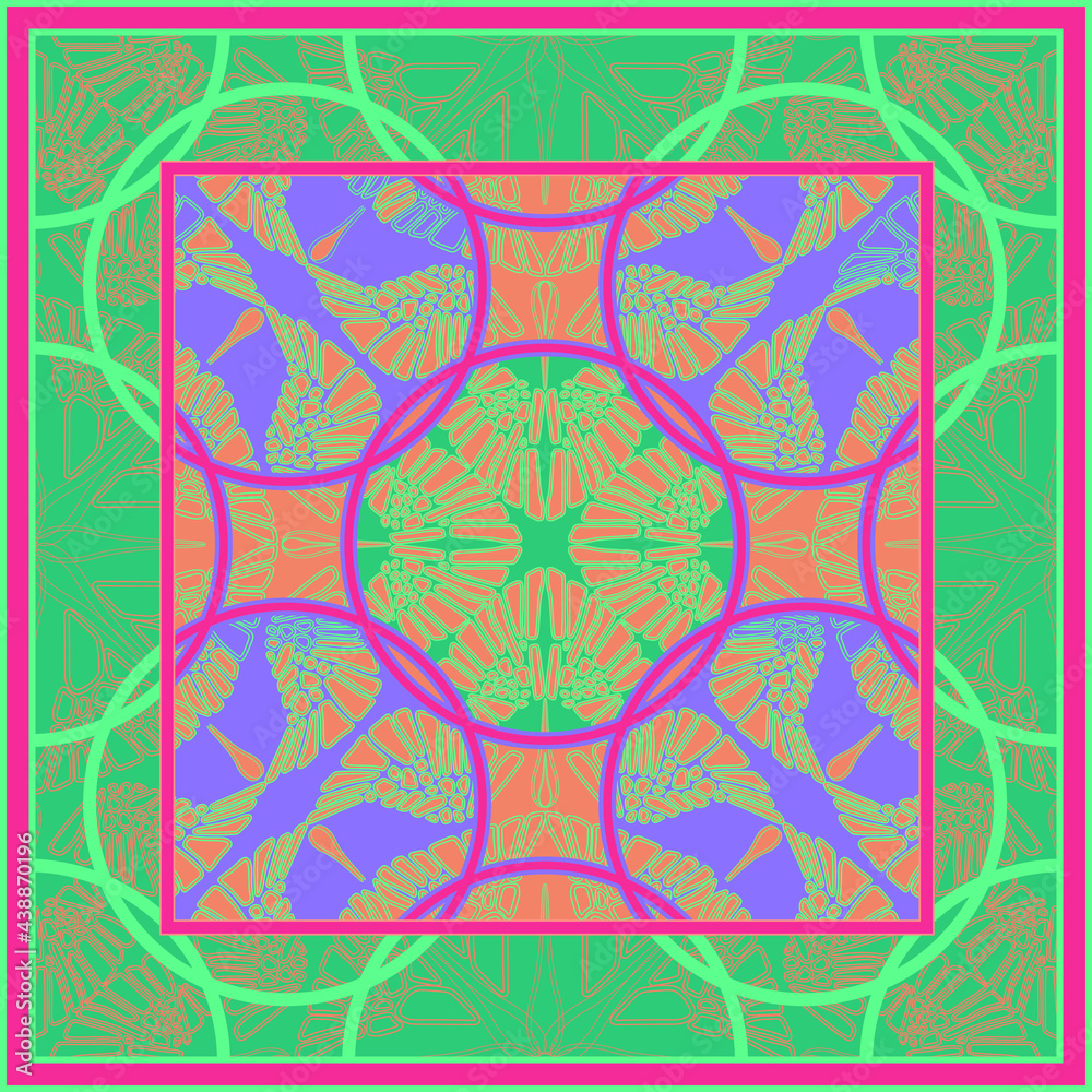 Square vector ornamental background. Scarf design, scroll pattern, hijab design, bandana print, pareo motif, shawl ornament. Silk carre.
