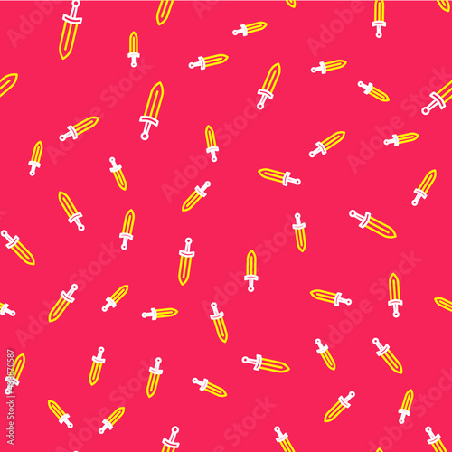 Line Medieval sword icon isolated seamless pattern on red background. Medieval weapon. Vector