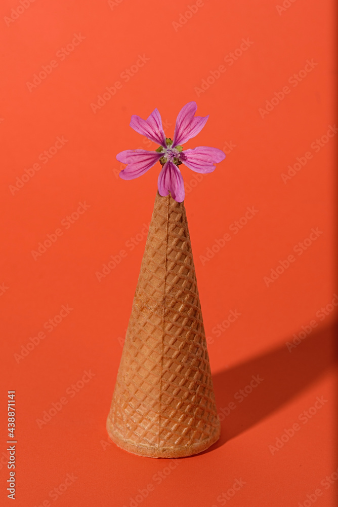 Pink flower windmill and ice cream cone. Isolated on orange background. Pink flower windmill and ice cream cone. Isolated on orange background.