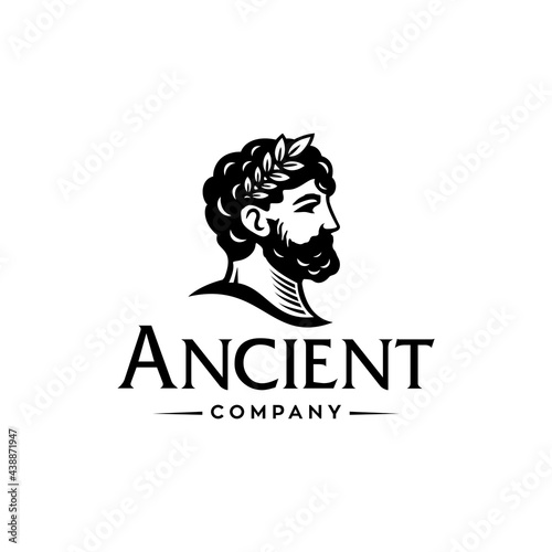 Greek god head wearing laurel wreath with beard and mustache statue icon logo design Illustration Vector. Ancient Greek Figure Face Head Statue Sculpture.  