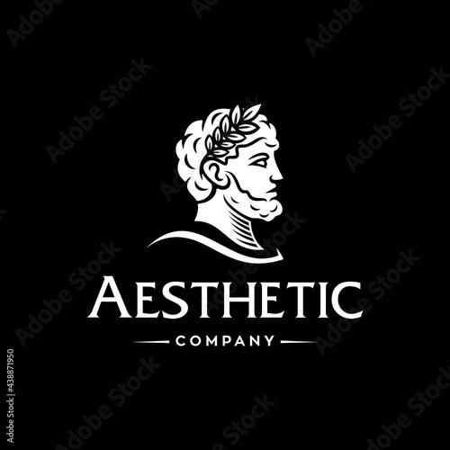 Greek god head wearing laurel wreath with beard and mustache statue icon logo design Illustration Vector. Ancient Greek Figure Face Head Statue Sculpture.  