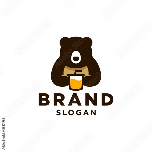 bear and cup logo, bear holding juice drink with straw Mascot cartoon vector icon illustration