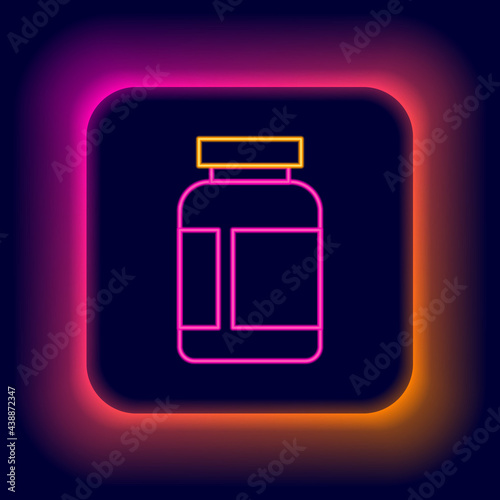 Glowing neon line Sports nutrition bodybuilding proteine power drink and food icon isolated on black background. Colorful outline concept. Vector