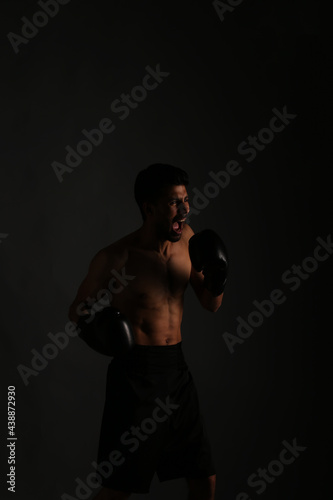 Young strong boxer fighting in shadows © Сергей Луговский