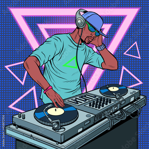 Black man dj on vinyl turntables. concert music performance neon retro style