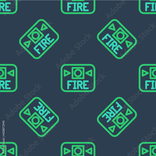 Line Fire alarm system icon isolated seamless pattern on blue background. Pull danger fire safety box. Vector