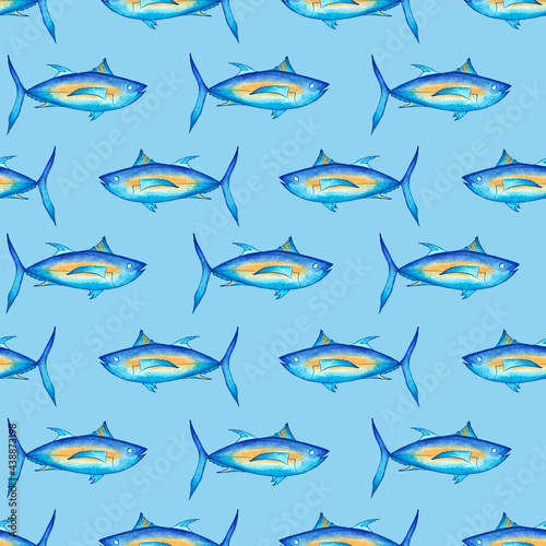 Blue fish on a light blue background. Seamless pattern. Watercolor illustration with cute tuna. For fabric, wallpaper, wrapping paper.