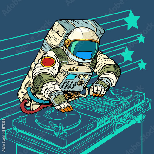 astronaut cosmonaut dj on vinyl turntables. concert music performance