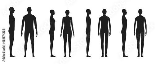 Man, woman, teenager and gender neutral person silhouette. Side and front view shadow of a male, female, and agender human body.