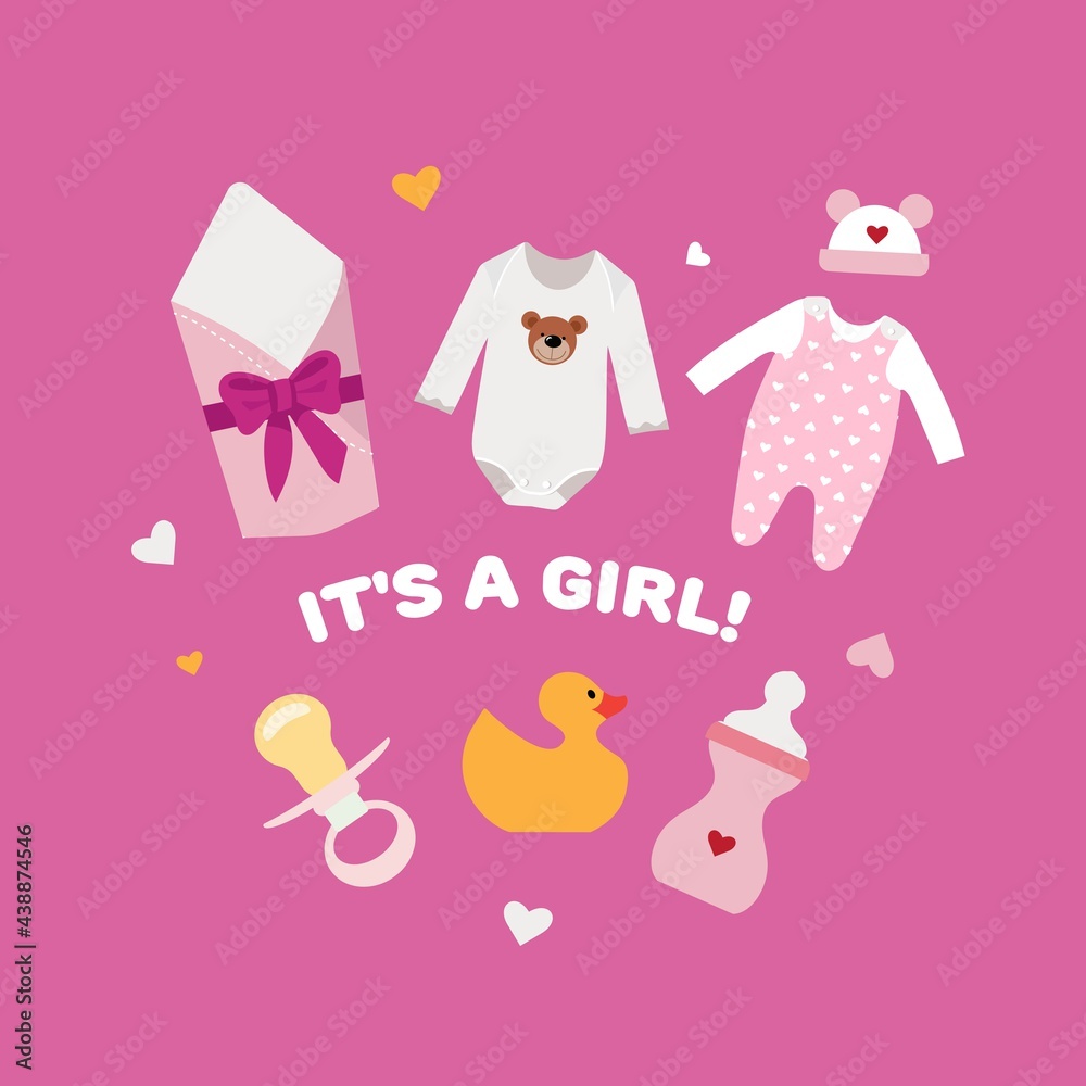 Things for a newborn baby girl. Illustration in flat style.