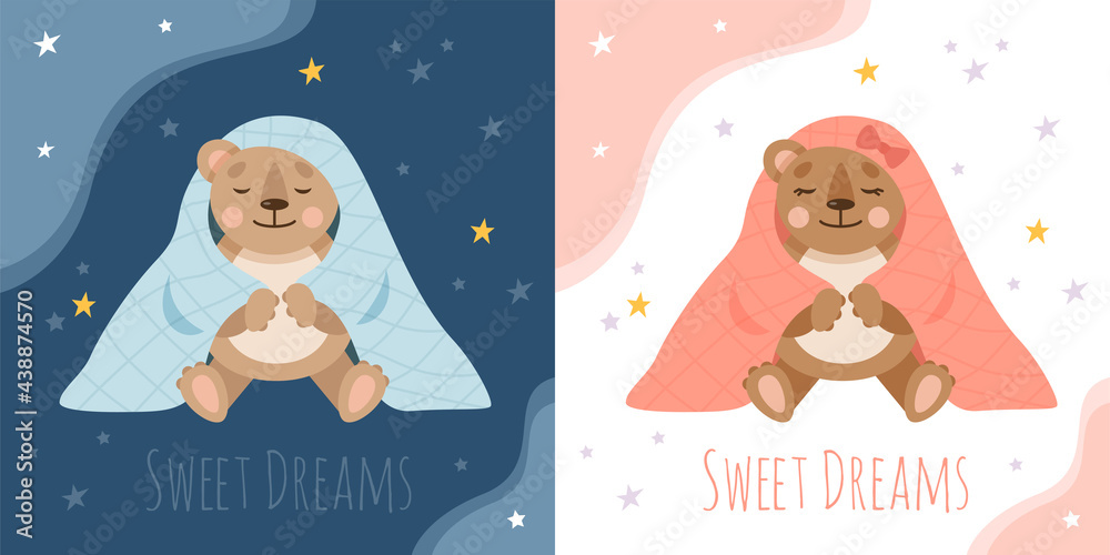 Two scenes with sleeping teddy bear in a blanket. Boy and girl bears. Cute animals for nursery. Vector flat illustration for children. Two scenes with sleeping teddy bear in a blanket. Boy and girl bears. Cute animals for nursery. Vector flat illustration for children.