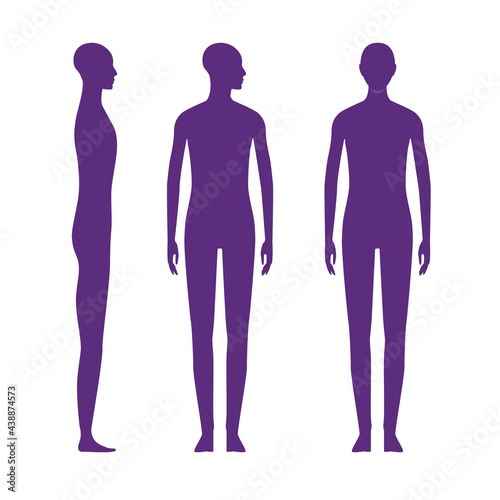 Front and side views human body silhouette of a agender adult. Shadow of a standing gender neutral person with a head turned to the shoulder.