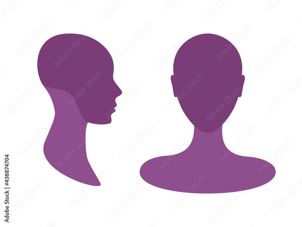 Woman's front and side view profile avatar silhouette with a highlighted skull and chin area.