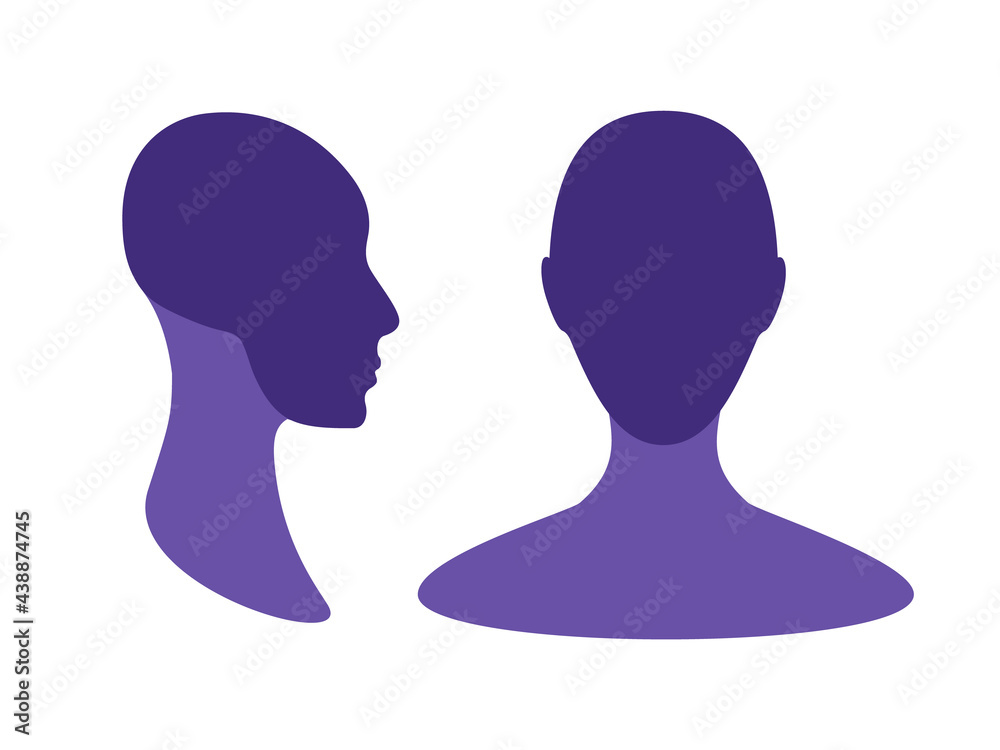 Gender neutral front and side view profile avatar silhouette with a highlighted skull and chin area.