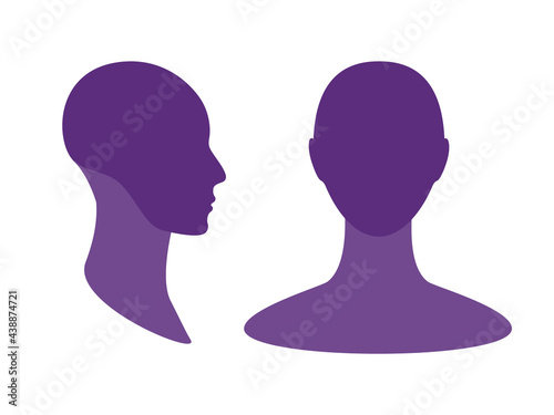 Gender neutral front and side view profile avatar silhouette with a highlighted skull and chin area. photo