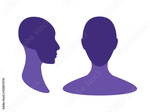 Gender neutral front and side view profile avatar silhouette with a highlighted skull and chin area.