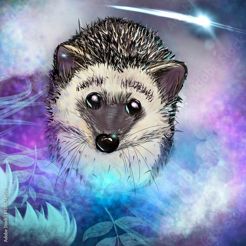 a hedgehog in a magical forest with a comet in the sky.