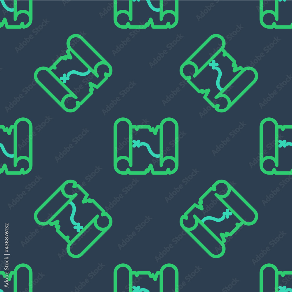 Line Pirate treasure map icon isolated seamless pattern on blue background. Vector