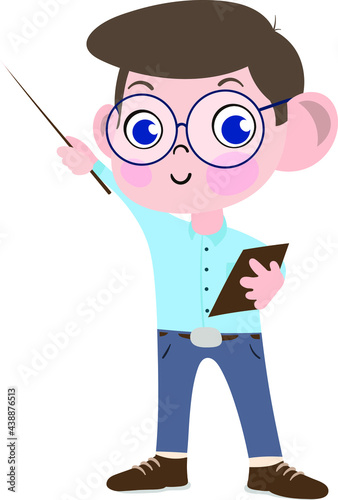 A Cute and Adorable Child Character in Cartoon Style. Kindergarten Preschool kid Dressed as college professor. Small Kid pointing towards blackboard.  Dream job. Big Dreams. Life Goals.
