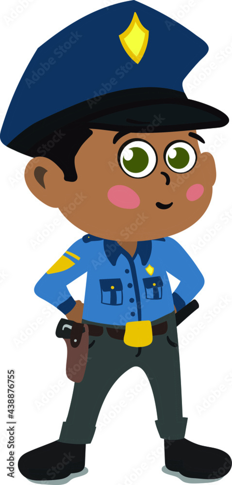A Cute and Adorable Child Character in Cartoon Style. Kindergarten Preschool Kid Dressed as Professional Police Officer. Small Kid posing has Sheriff. Dream job. Big Dreams. Life Goals.
