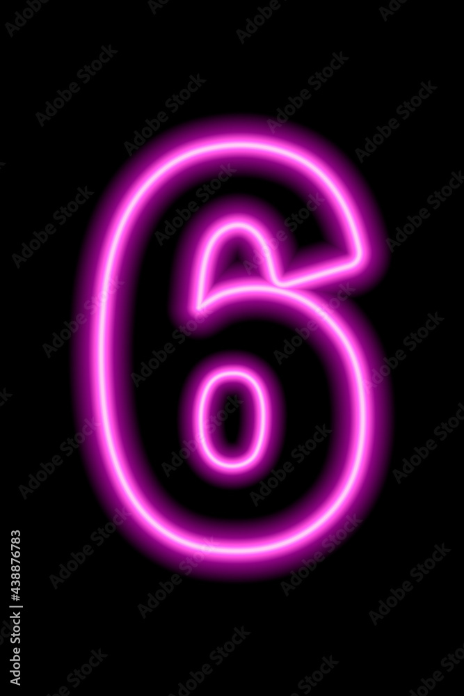 Neon pink number 6 on black background. Serial number, price, place Neon pink number 6 on black background. Serial number, price, place