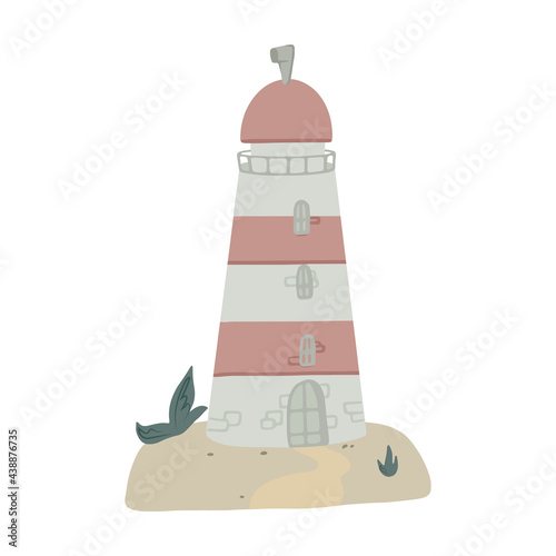 Lighthouse. Vector illustration in cartoon children's style. Isolated on white background