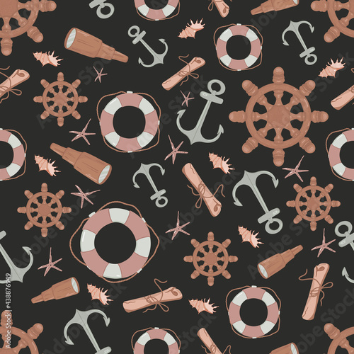 Seamless pattern on the marine theme. Vector children's illustration on a black background. For children's fabrics, wallpaper, bed linen.
