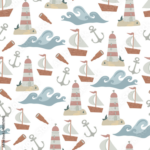 Seamless pattern on the marine theme for boys. Vector children's illustration in cartoon style. Ideal for children's textiles, wallpaper in the room.