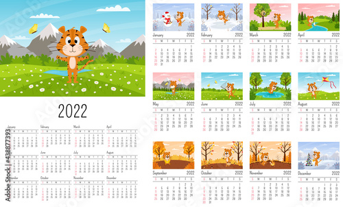 Vertical Wall Calendar Template 2022. The week starts on Sunday. Ready-to-print calendar with Chinese year symbol cartoon Tiger. A set of 12 pages and a cover. All months.landscape background.