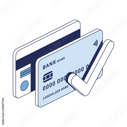 Credit debit card check mark. Vector 3d line isometric, color web icons, new flat style. Creative design idea for infographics.