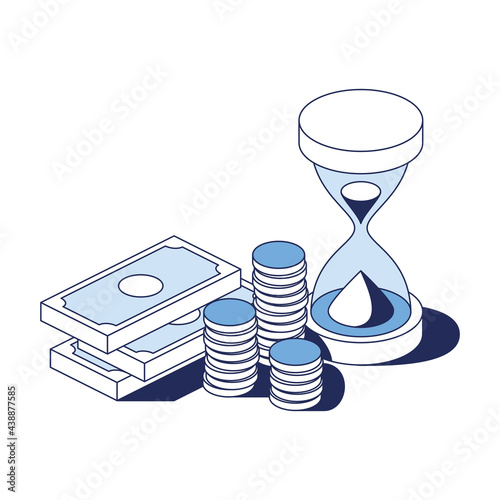 Hourglass money coins. Vector 3d line isometric, color web icons, new flat style. Creative design idea for infographics.